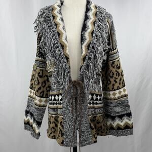 Vintage Together Cardigan Wool Blend Fringe Animal Print Tie Waist M 80s 90s